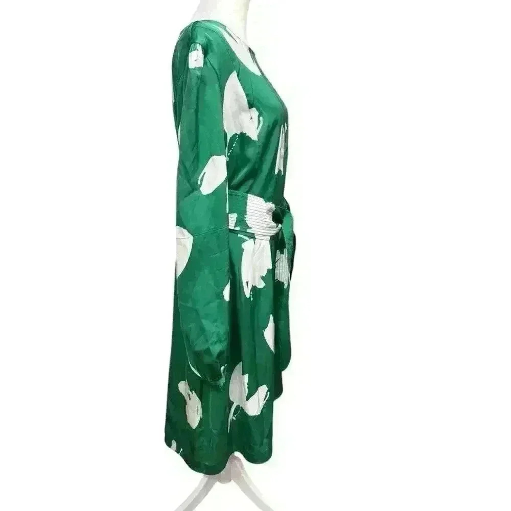 Lewit Green & White Floral Stretch Silk Long Sleeve Round Neck Belted Dress 14 - Picture 11 of 13